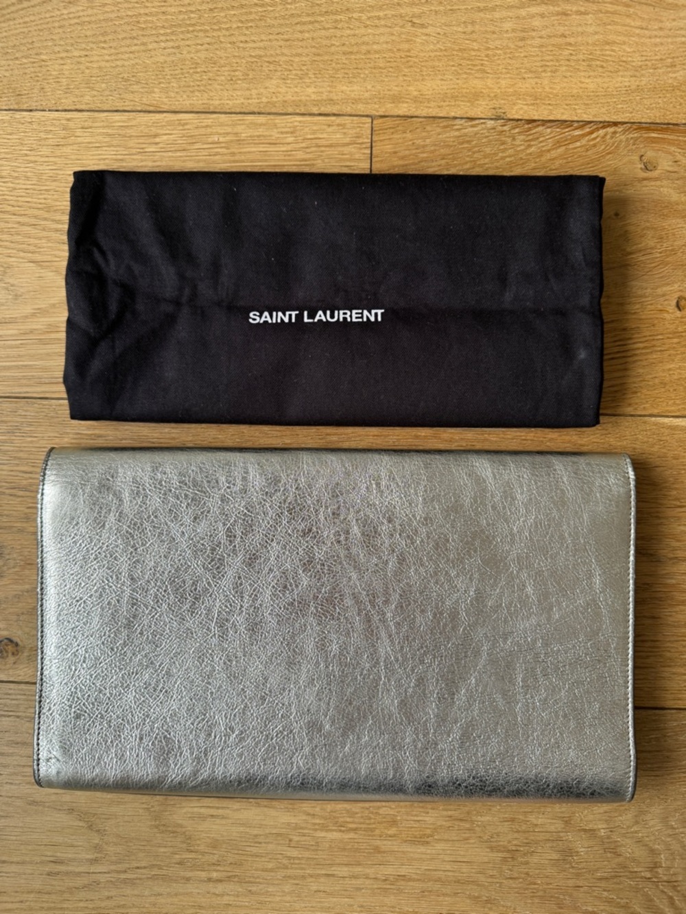Saint Laurent Metallic Silver Embossed YSL Clutch - Picture 2 of 6
